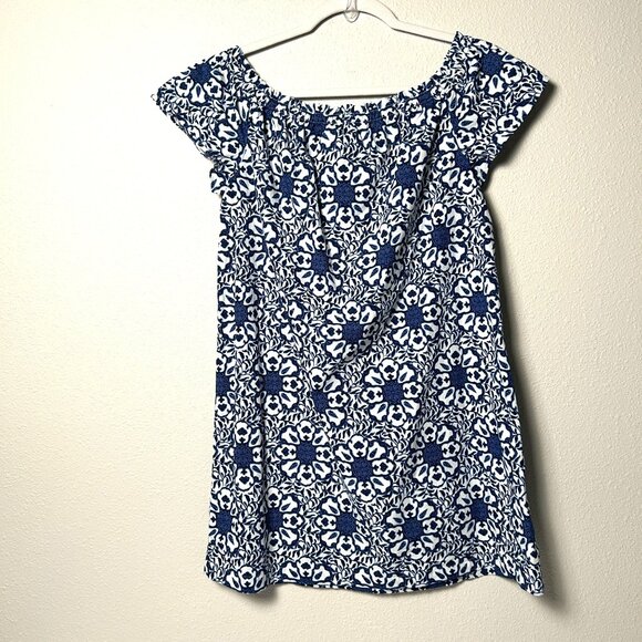 Vineyard Vines Off The Shoulder Mini Dress Womens S Blue White Tile Medallion - Picture 3 of 10
